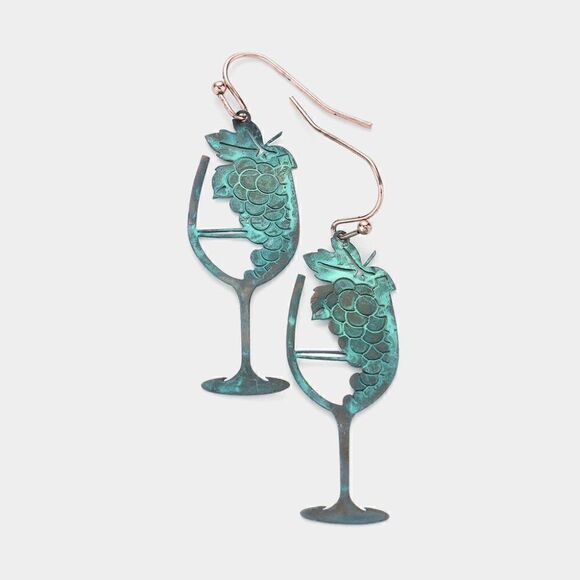 5/$25 Champagne Glass Patina Verdigris Earrings - Picture 1 of 6